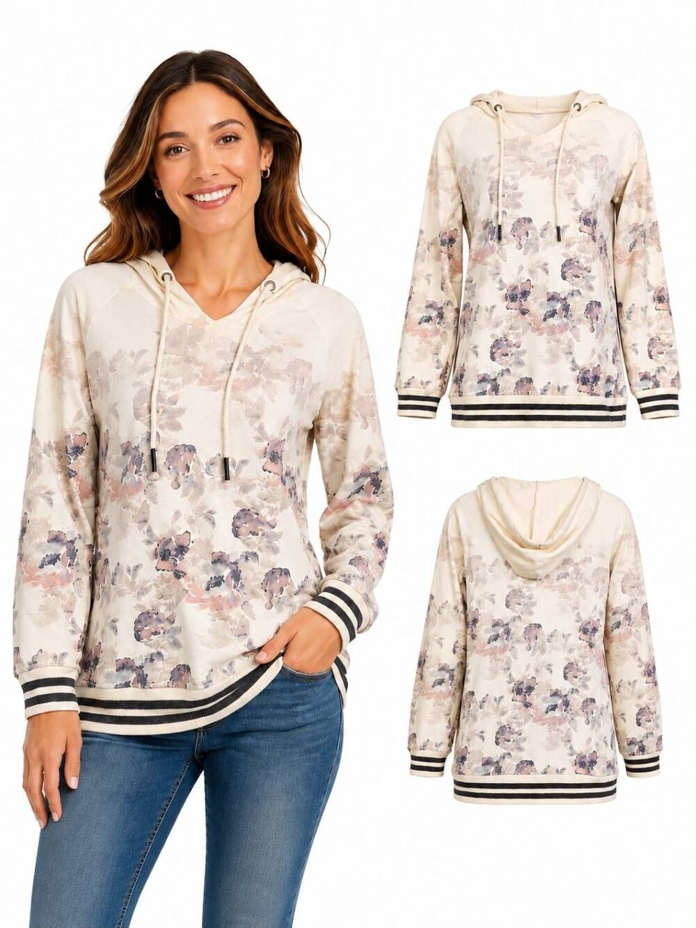 Maurices XS Floral Hoodie Sweatshirt Cream Pink Pullover Striped Hem Cozy Top